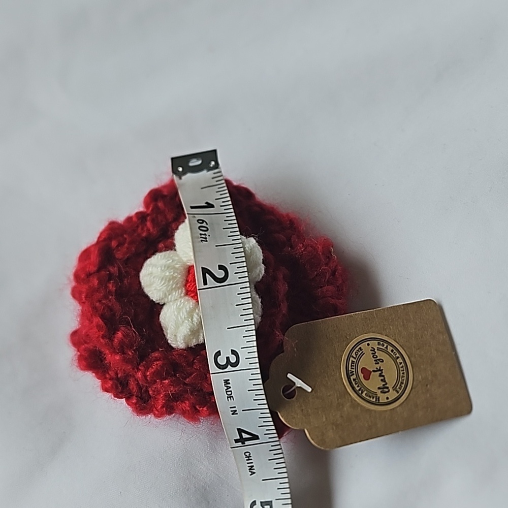 Hand Crafted Red Crochet Chunky yarn Red & white Puffy Flower barrette Hair Clip - Picture 11 of 17